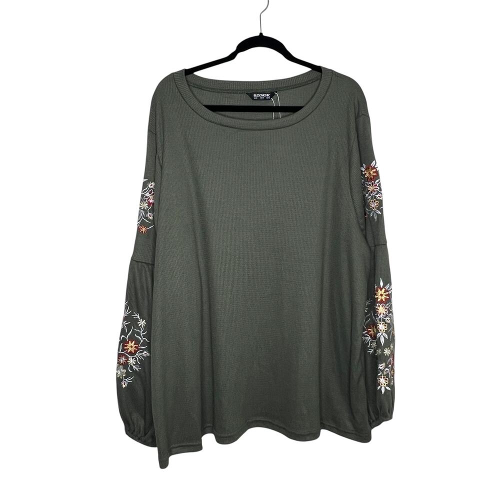 BloomChic Waffle Knit Floral Embroidered Lantern Sleeve T-shirt Size 26